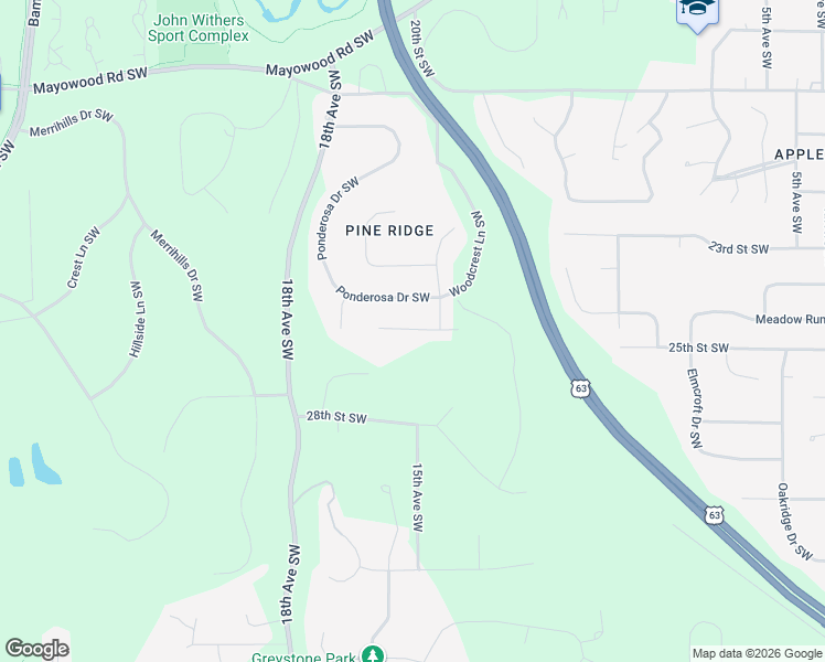 map of restaurants, bars, coffee shops, grocery stores, and more near 1526 Monterey Lane Southwest in Rochester