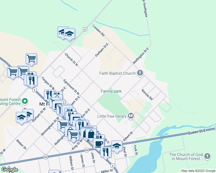 map of restaurants, bars, coffee shops, grocery stores, and more near 425 Wellington Street East in Mount Forest
