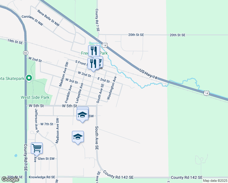 map of restaurants, bars, coffee shops, grocery stores, and more near 222 Washington Avenue in Eyota