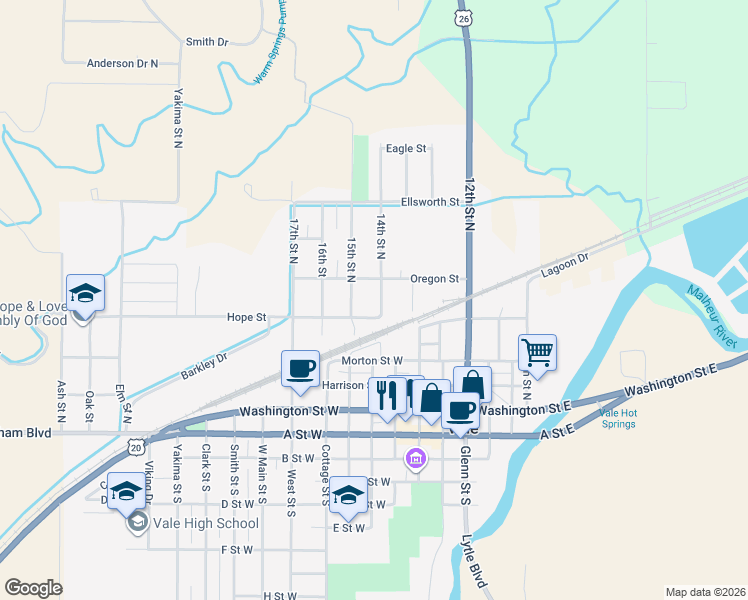 map of restaurants, bars, coffee shops, grocery stores, and more near 555 14th Street North in Vale