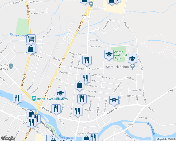map of restaurants, bars, coffee shops, grocery stores, and more near 102 East Hoard Street in Watertown