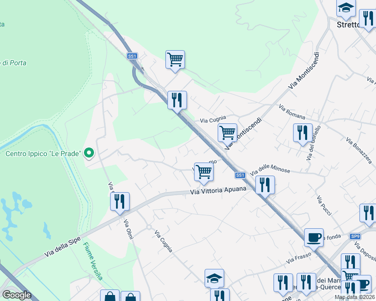 map of restaurants, bars, coffee shops, grocery stores, and more near 37 Via dei Mughetti in Strettoia