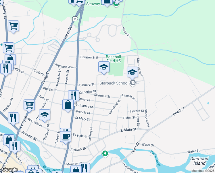 map of restaurants, bars, coffee shops, grocery stores, and more near 242 East Hoard Street in Watertown