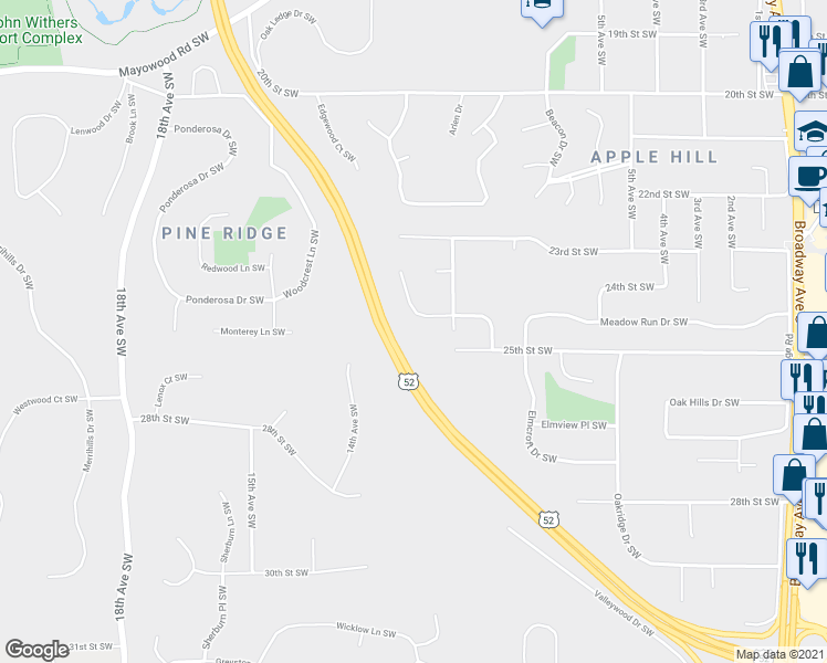 map of restaurants, bars, coffee shops, grocery stores, and more near 2423 Meadow Hills Drive Southwest in Rochester