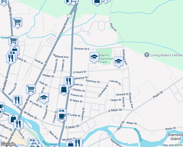 map of restaurants, bars, coffee shops, grocery stores, and more near 204 East Hoard Street in Watertown