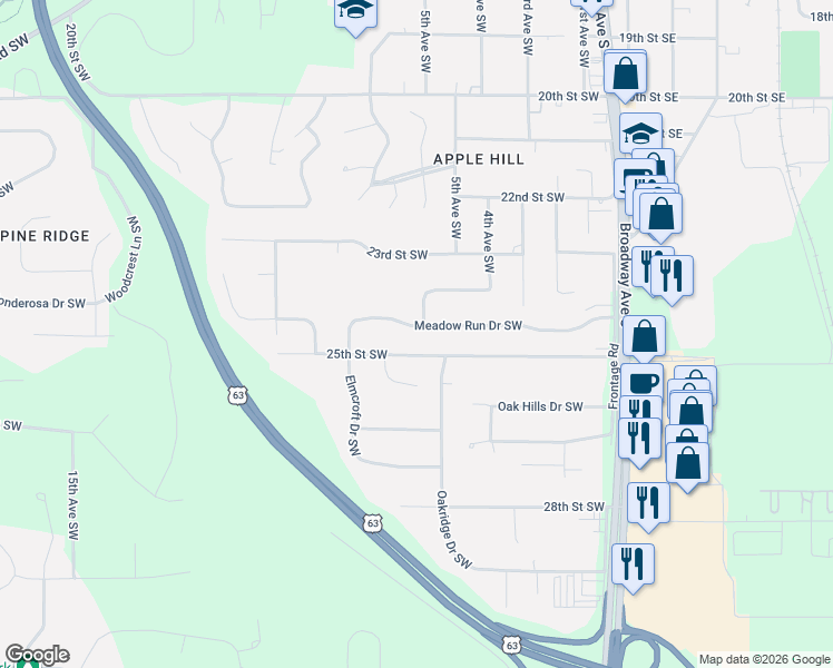 map of restaurants, bars, coffee shops, grocery stores, and more near 608 Meadow Run Drive Southwest in Rochester