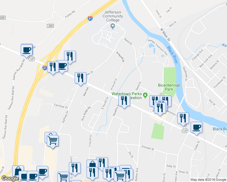 map of restaurants, bars, coffee shops, grocery stores, and more near 510 North Hycliff Drive in Watertown