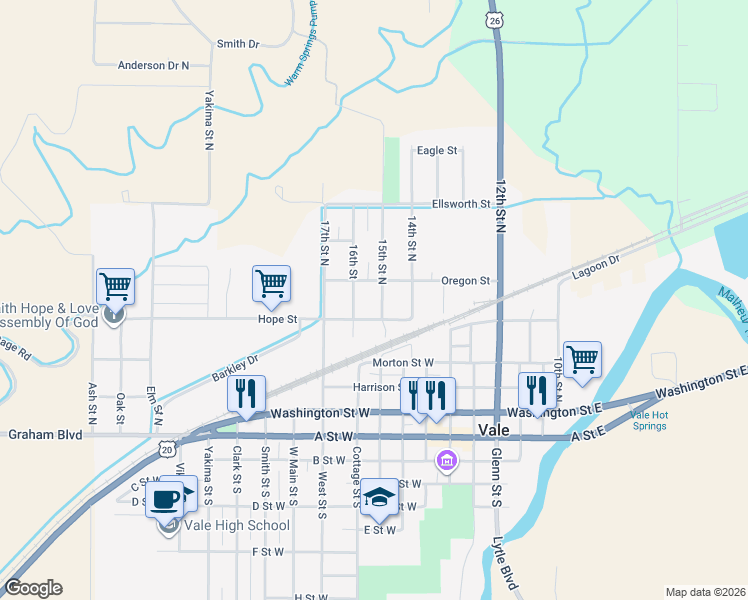 map of restaurants, bars, coffee shops, grocery stores, and more near 535 15th Street North in Vale