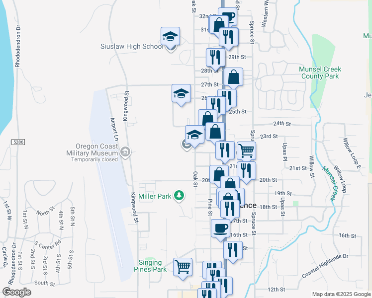 map of restaurants, bars, coffee shops, grocery stores, and more near 2221 Oak Street in Florence