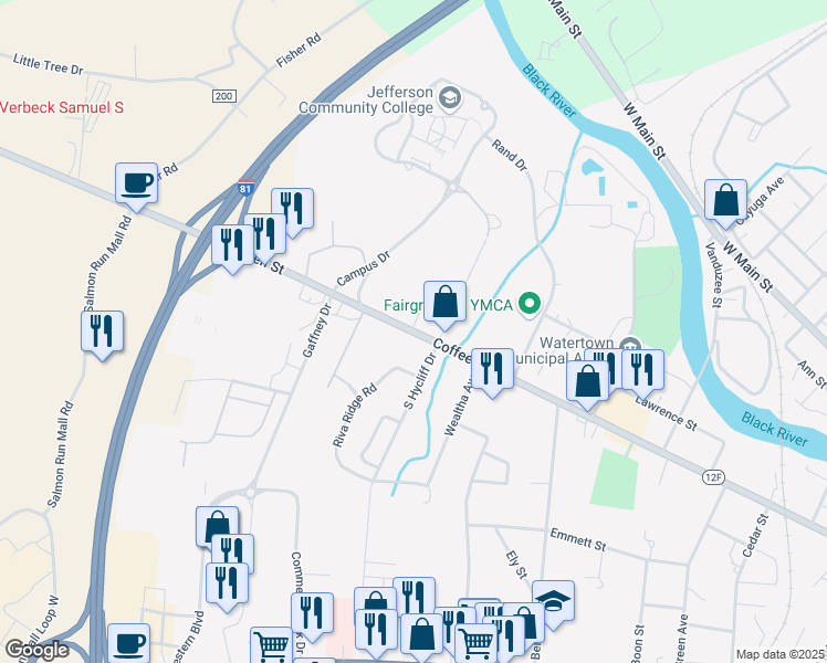 map of restaurants, bars, coffee shops, grocery stores, and more near 1117 Coffeen Street in Watertown