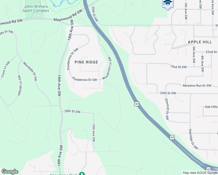 map of restaurants, bars, coffee shops, grocery stores, and more near 1453 Monterey Lane Southwest in Rochester