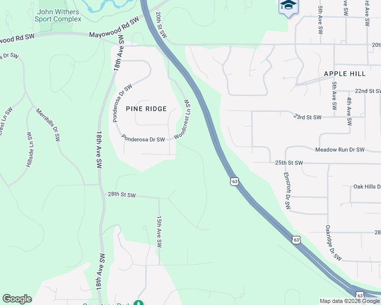 map of restaurants, bars, coffee shops, grocery stores, and more near 1453 Monterey Lane Southwest in Rochester