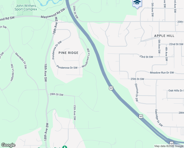 map of restaurants, bars, coffee shops, grocery stores, and more near 1453 Monterey Lane Southwest in Rochester