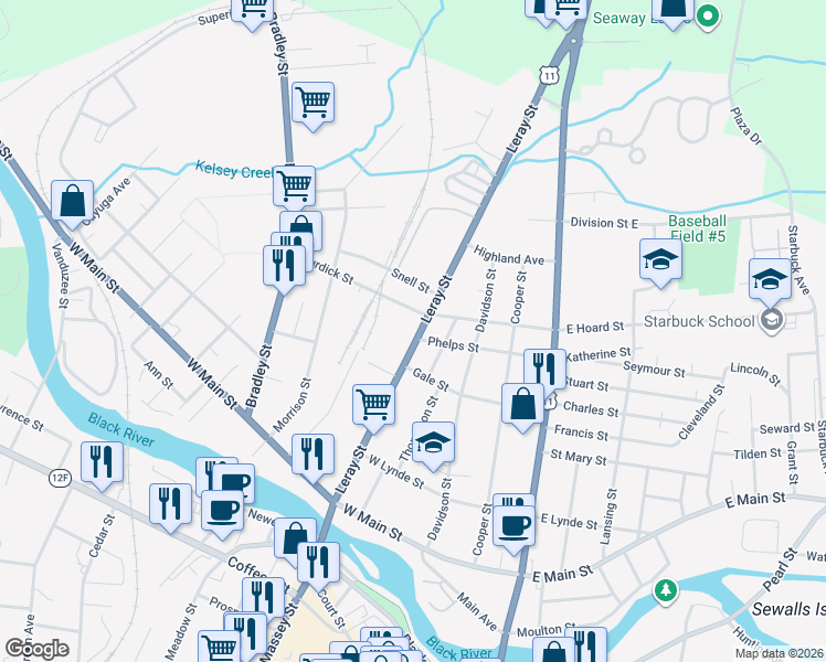 map of restaurants, bars, coffee shops, grocery stores, and more near 726 U.S. 11 in Watertown