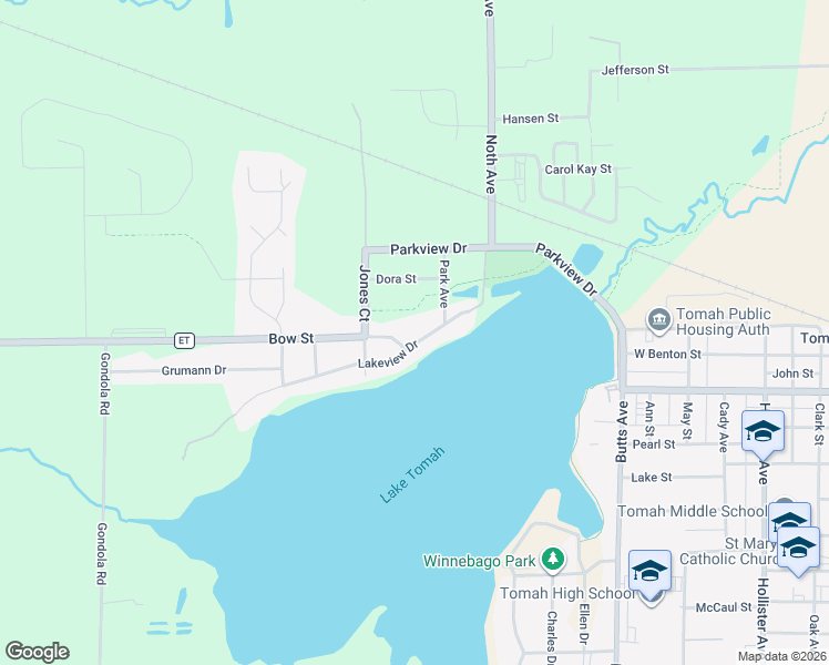map of restaurants, bars, coffee shops, grocery stores, and more near 1314 Lakeview Drive in Tomah