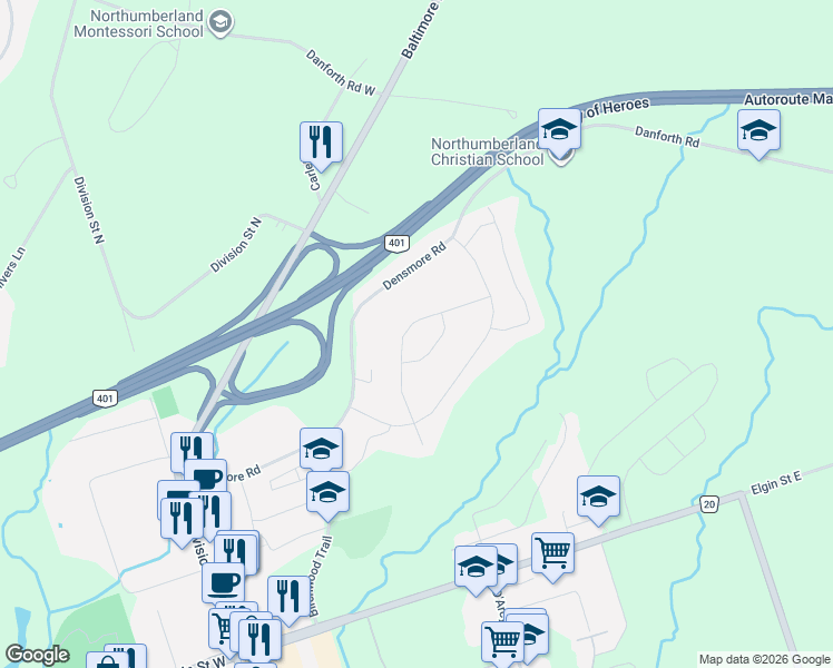 map of restaurants, bars, coffee shops, grocery stores, and more near 1226 Ashland Drive in Cobourg