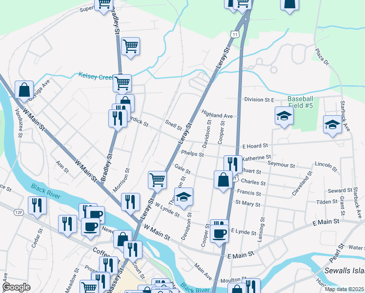 map of restaurants, bars, coffee shops, grocery stores, and more near 732 Leray Street in Watertown