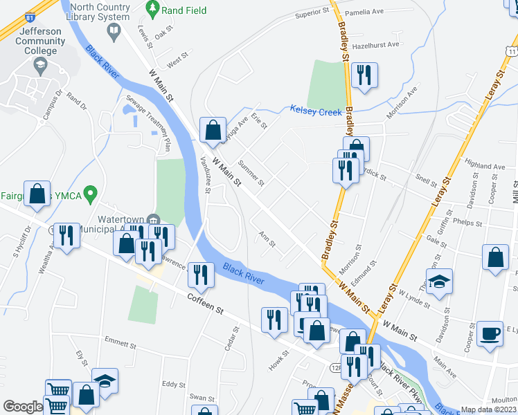 map of restaurants, bars, coffee shops, grocery stores, and more near 901 West Main Street in Watertown