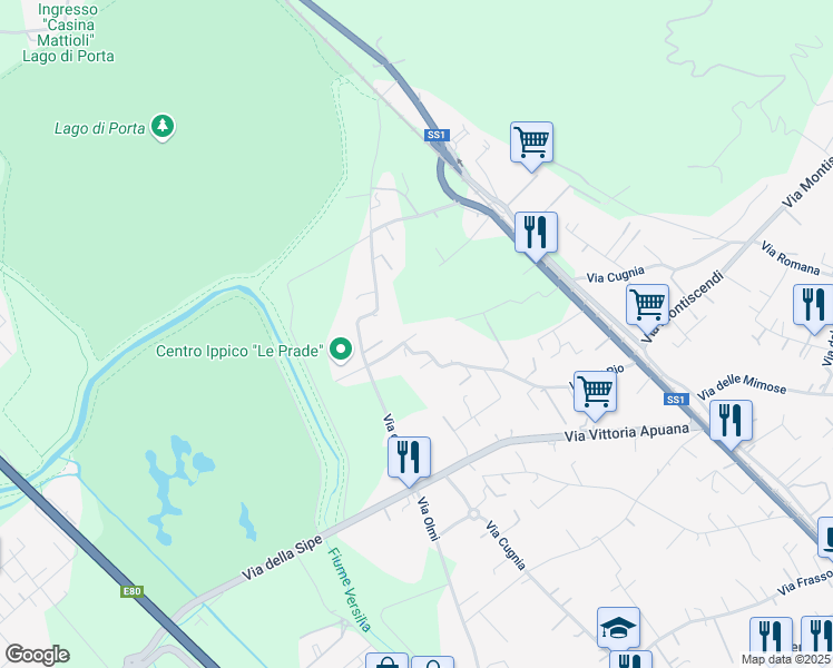 map of restaurants, bars, coffee shops, grocery stores, and more near 102 Via del Rio in Strettoia