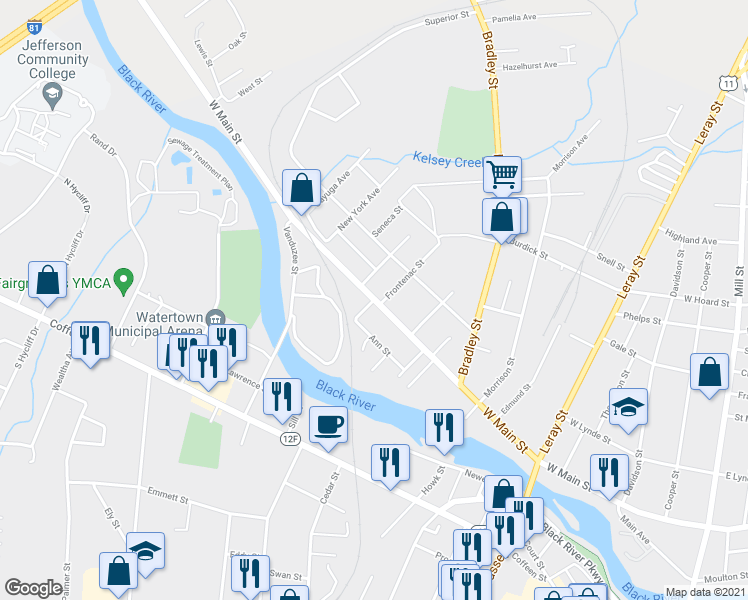 map of restaurants, bars, coffee shops, grocery stores, and more near West Main Street & Holly Street in Watertown