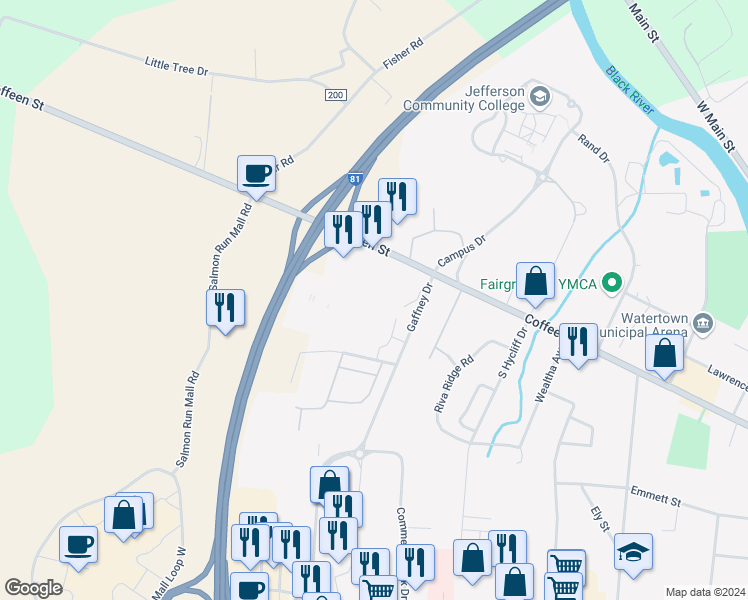 map of restaurants, bars, coffee shops, grocery stores, and more near 422 College Heights in Watertown