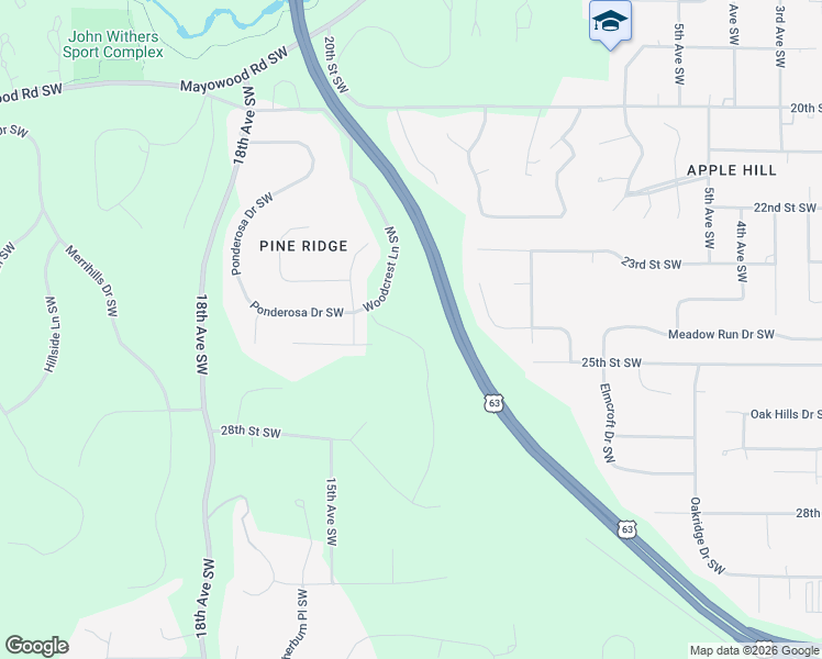 map of restaurants, bars, coffee shops, grocery stores, and more near 1453 Monterey Lane Southwest in Rochester