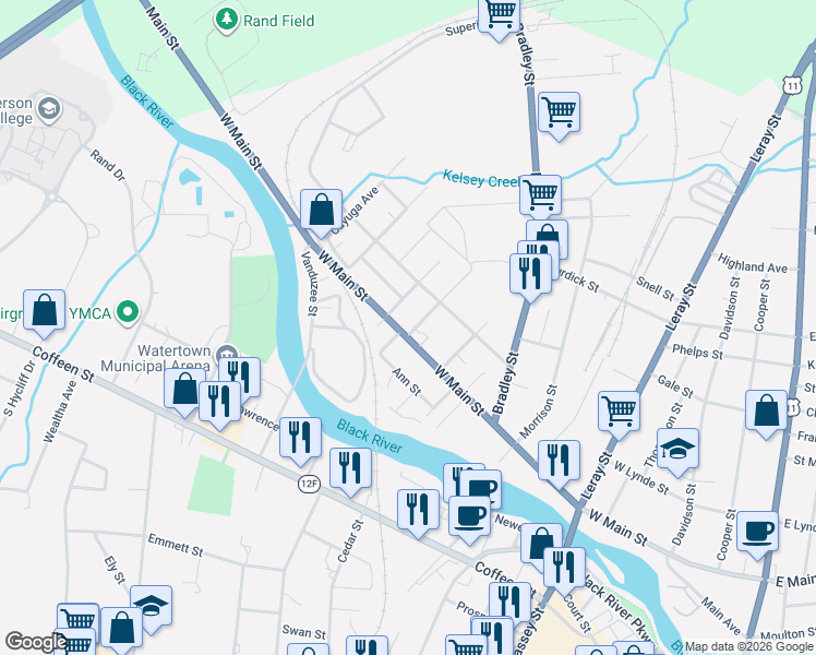map of restaurants, bars, coffee shops, grocery stores, and more near 862 West Main Street in Watertown