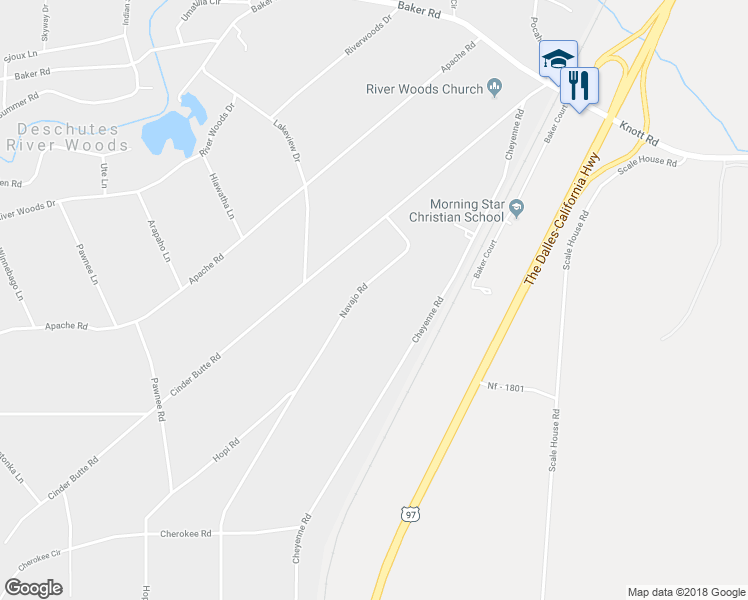 map of restaurants, bars, coffee shops, grocery stores, and more near 60224 Navajo Road in Bend