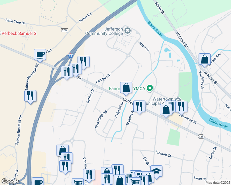 map of restaurants, bars, coffee shops, grocery stores, and more near 1101-1117 Coffeen Street in Watertown
