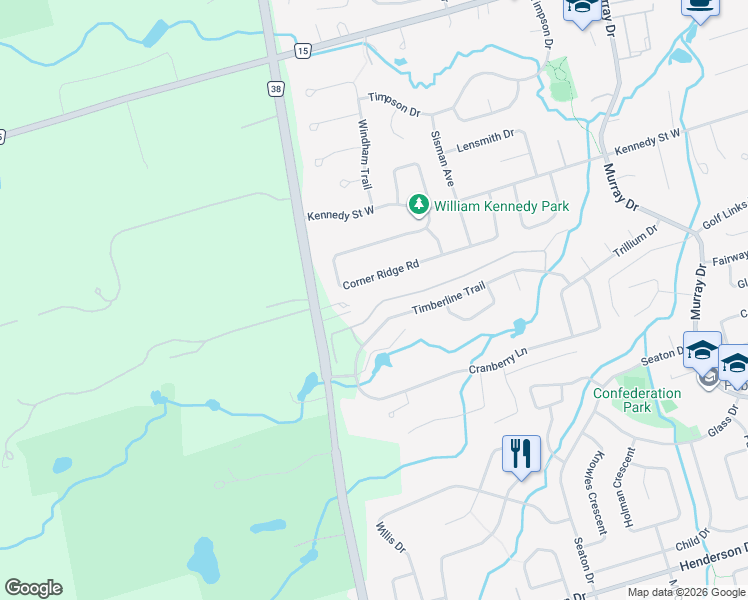map of restaurants, bars, coffee shops, grocery stores, and more near 36 Klees Crescent in Aurora