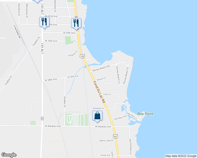 map of restaurants, bars, coffee shops, grocery stores, and more near 96 Gibson Court in Oshkosh