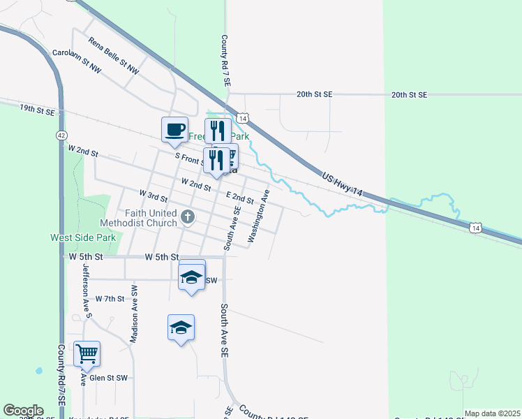 map of restaurants, bars, coffee shops, grocery stores, and more near 222 Washington Avenue in Eyota