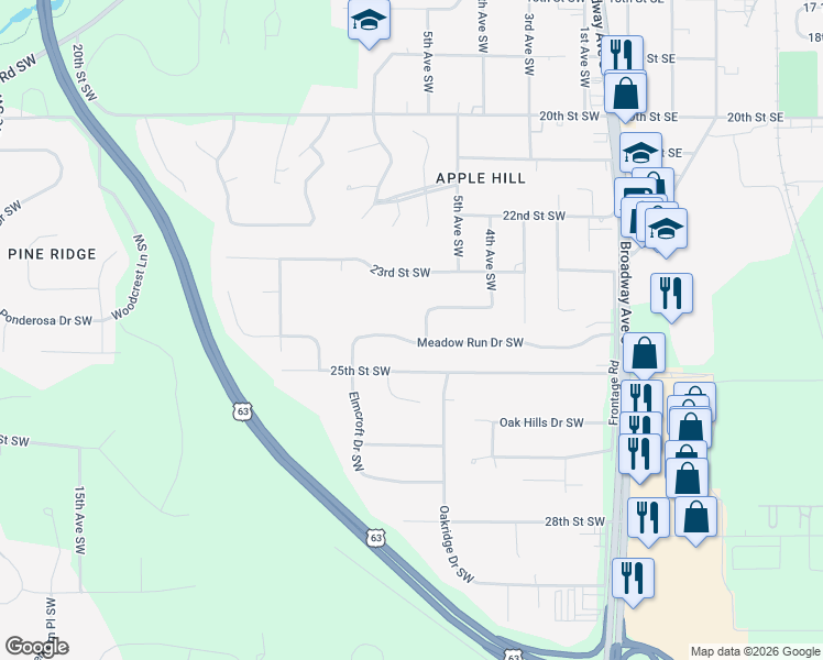 map of restaurants, bars, coffee shops, grocery stores, and more near 608 Meadow Run Drive Southwest in Rochester