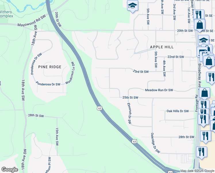 map of restaurants, bars, coffee shops, grocery stores, and more near 2446 Meadow Hills Drive Southwest in Rochester