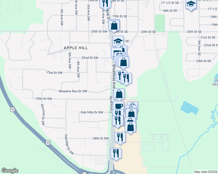 map of restaurants, bars, coffee shops, grocery stores, and more near 2311 Frontage Road in Rochester