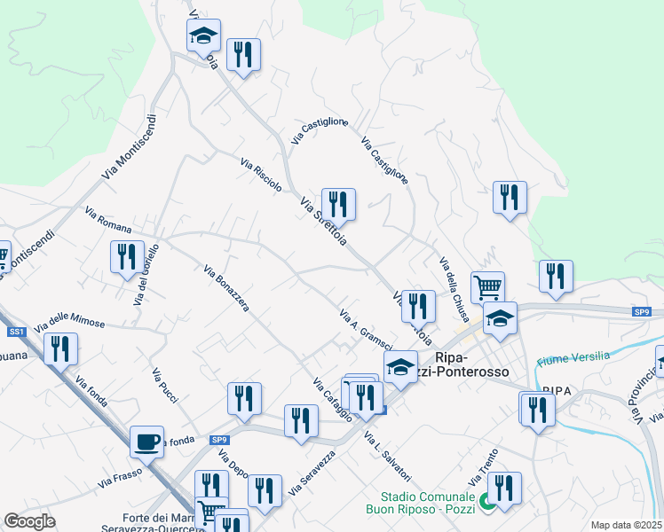 map of restaurants, bars, coffee shops, grocery stores, and more near 39 Via Strettoia in Strettoia
