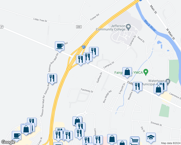map of restaurants, bars, coffee shops, grocery stores, and more near 1279 Coffeen Street in Watertown