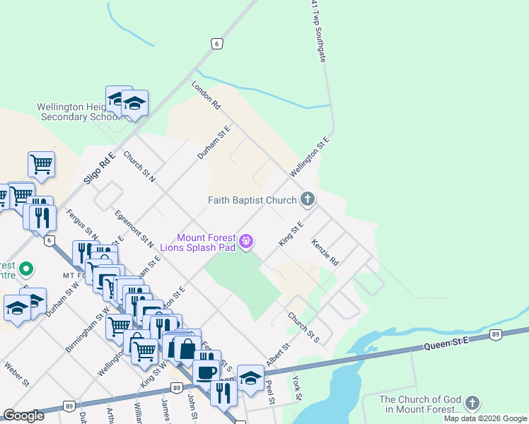 map of restaurants, bars, coffee shops, grocery stores, and more near 475 Wellington Street East in Mount Forest