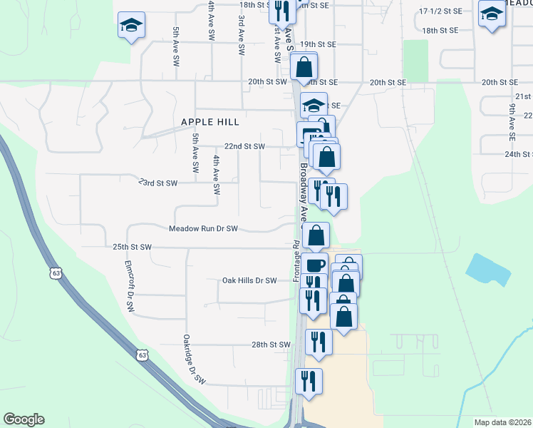 map of restaurants, bars, coffee shops, grocery stores, and more near 2324 2nd Avenue Southwest in Rochester