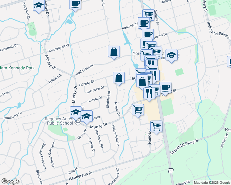 map of restaurants, bars, coffee shops, grocery stores, and more near 60 Nisbet Drive in Aurora