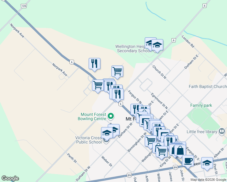 map of restaurants, bars, coffee shops, grocery stores, and more near 490 Main Street North in Mount Forest