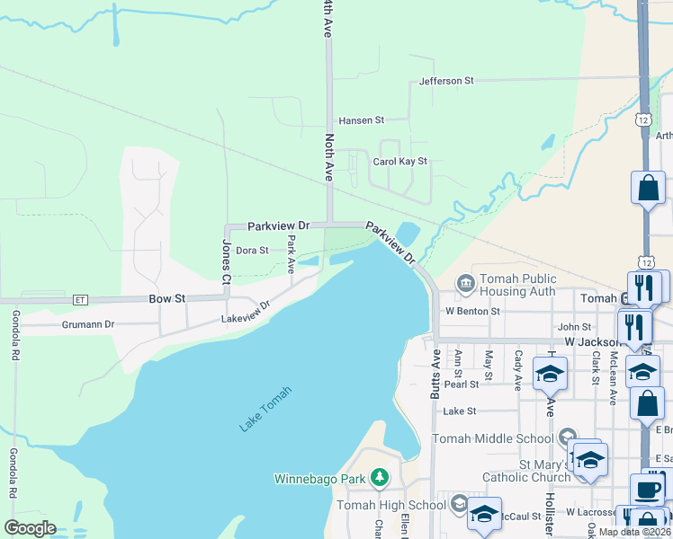 map of restaurants, bars, coffee shops, grocery stores, and more near 1204 Lakeview Drive in Tomah