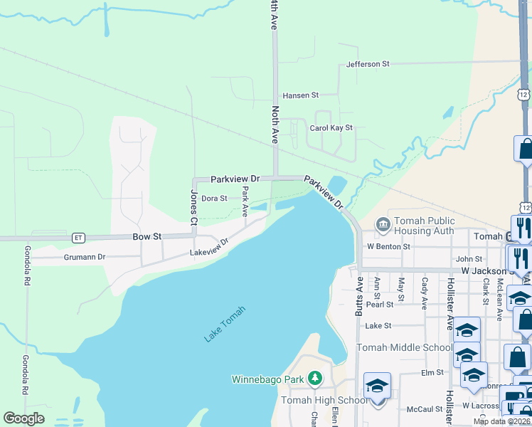 map of restaurants, bars, coffee shops, grocery stores, and more near 1204 Lakeview Drive in Tomah