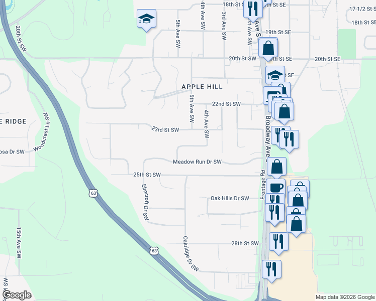 map of restaurants, bars, coffee shops, grocery stores, and more near 507 24th Street Southwest in Rochester