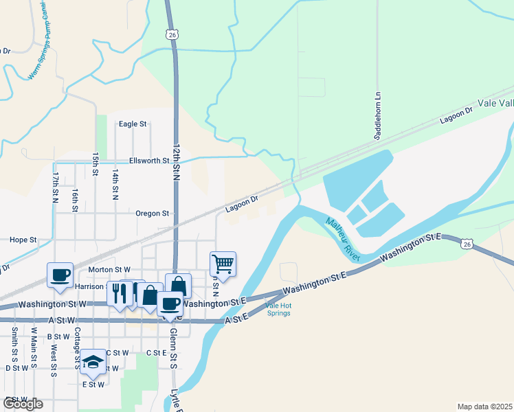 map of restaurants, bars, coffee shops, grocery stores, and more near 835 Lagoon Drive in Vale