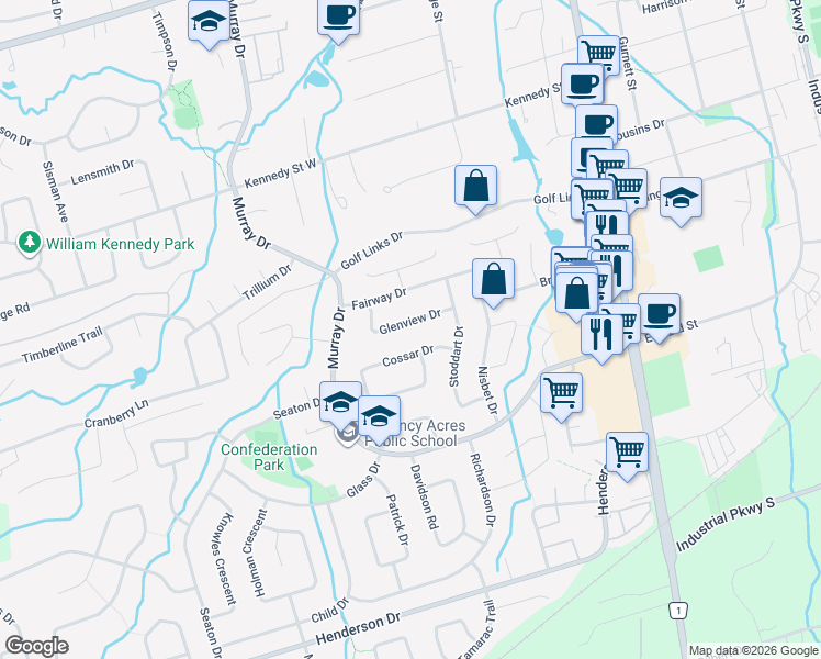 map of restaurants, bars, coffee shops, grocery stores, and more near 11 Glenview Drive in Aurora