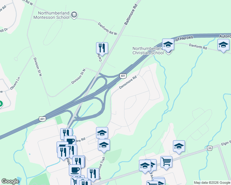map of restaurants, bars, coffee shops, grocery stores, and more near 280 Densmore Road in Cobourg
