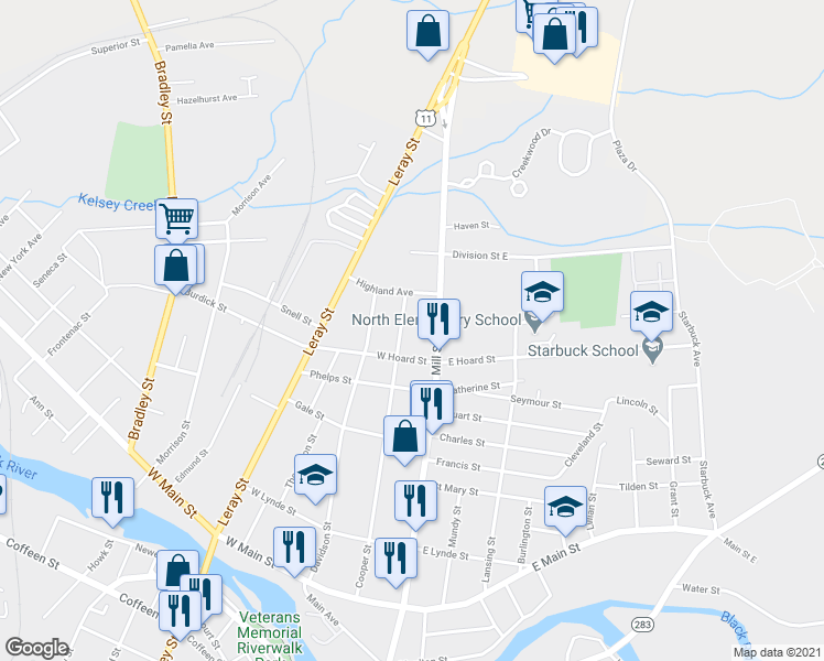 map of restaurants, bars, coffee shops, grocery stores, and more near 820 Cooper Street in Watertown
