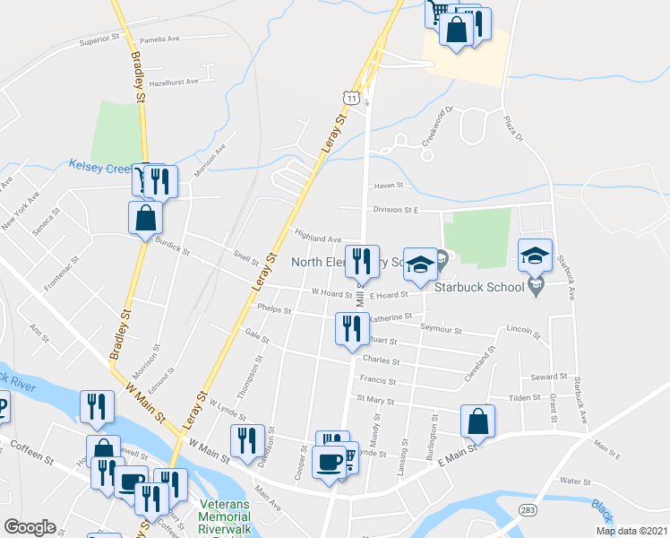 map of restaurants, bars, coffee shops, grocery stores, and more near 822 Cooper Street in Watertown