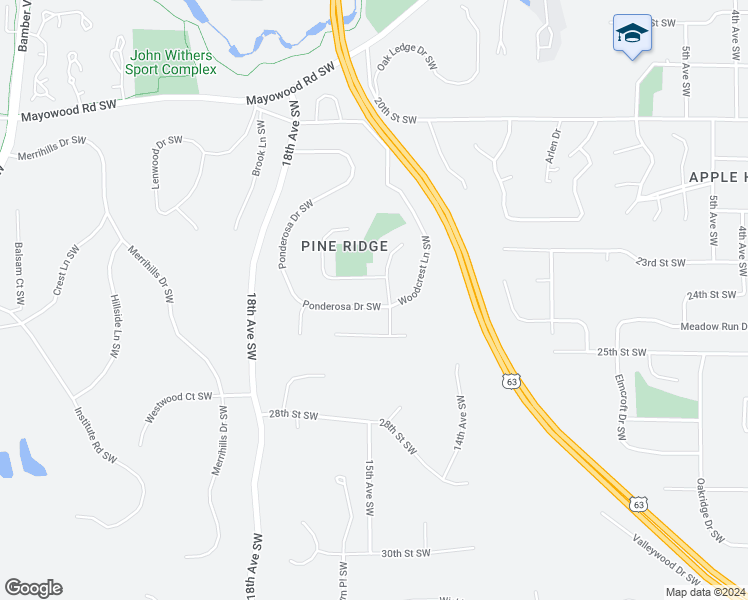 map of restaurants, bars, coffee shops, grocery stores, and more near 2350 Ponderosa Drive Southwest in Rochester